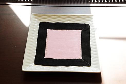 Multi colored hemstitch cocktail napkin.Light Pink & Black color
